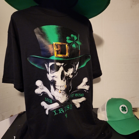 Black T-Shirt with Green Skull and Hat Design - Picture 2 of 11